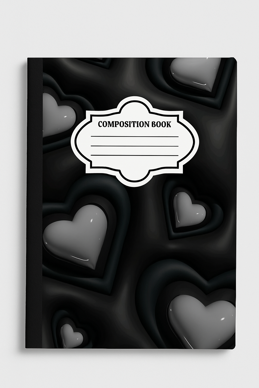 Black composition notebook with glossy 3D hearts on a dark textured background, standard 7.5x9.75 inch lined school journal