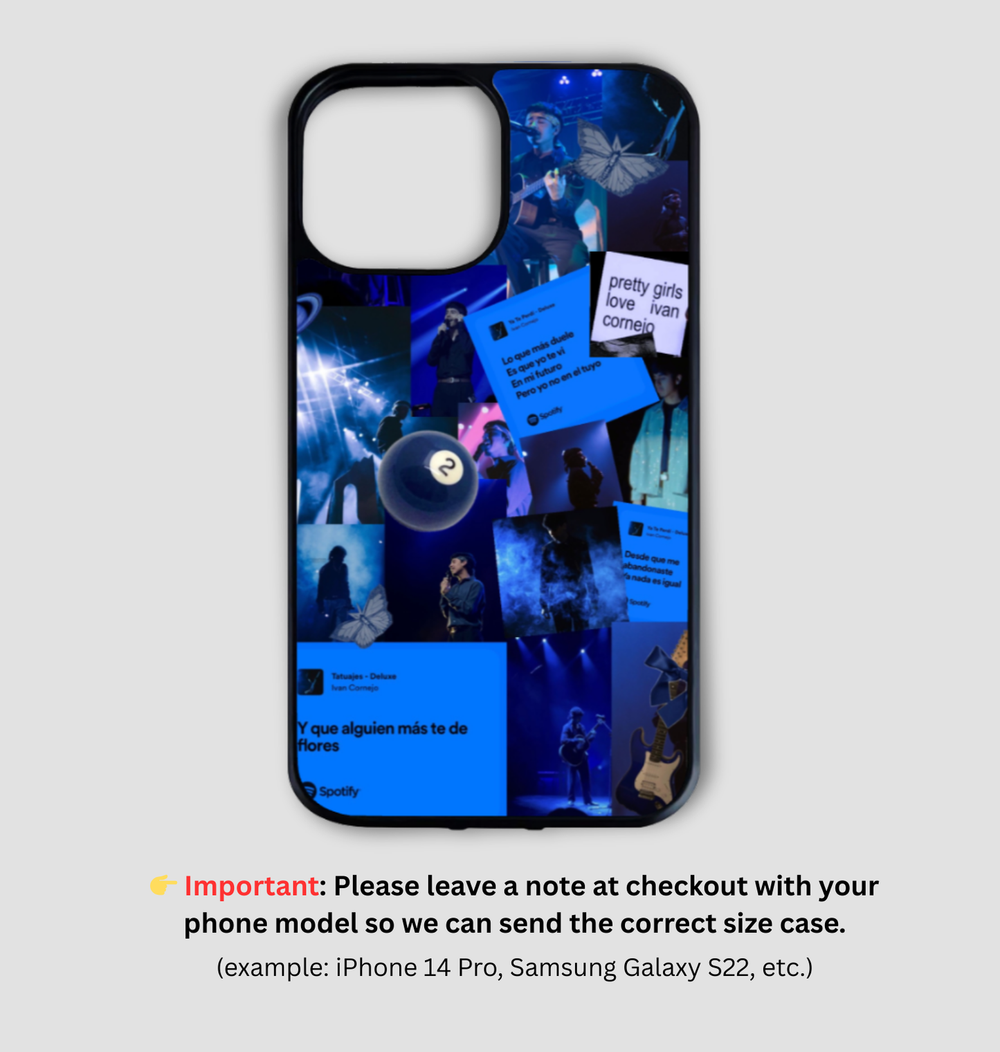 Blue Iván Cornejo aesthetic phone case featuring concert collage, butterflies, guitars, and Spanish Spotify lyrics quotes in a custom design