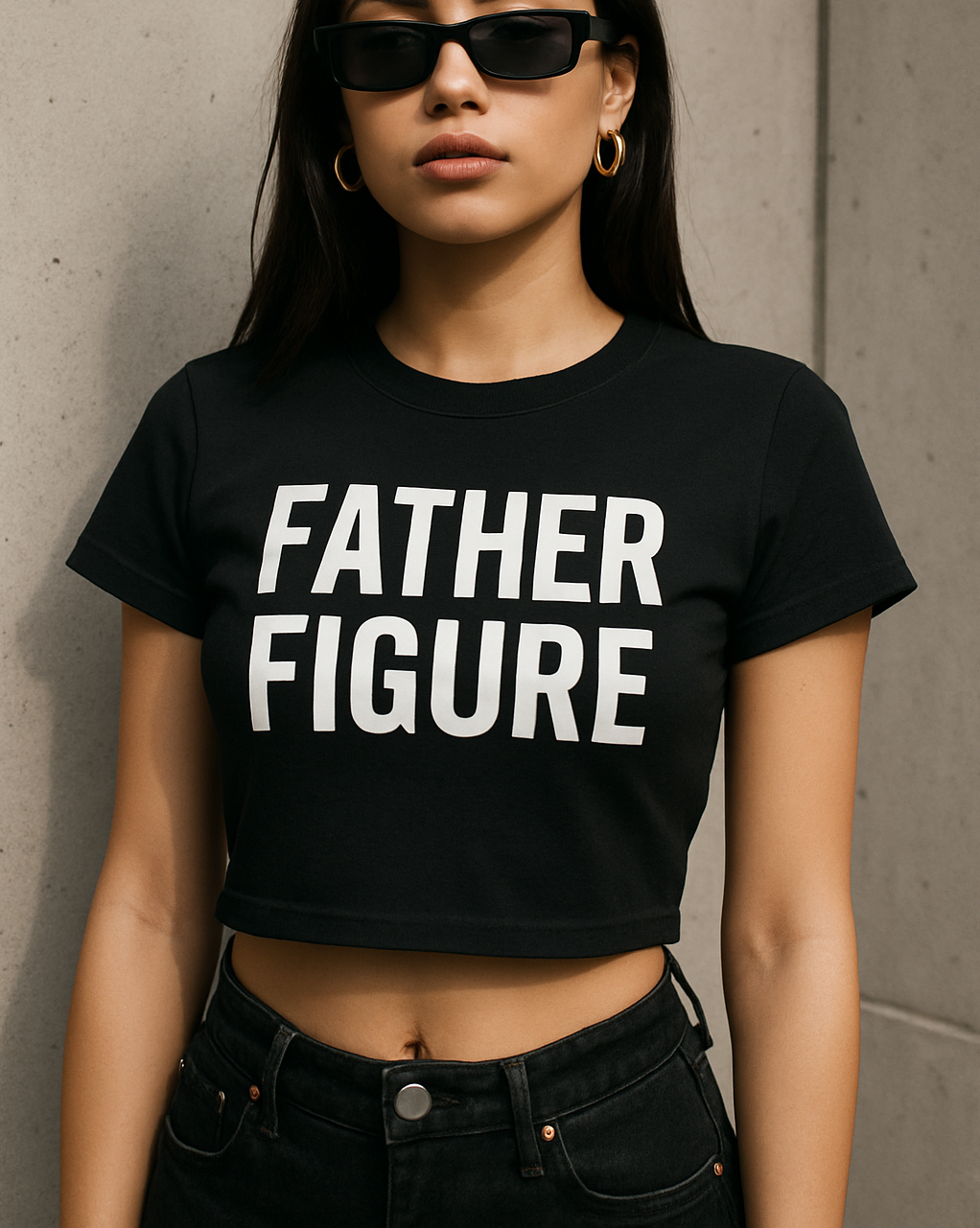 Woman wearing a black crop top with bold white text that says “FATHER FIGURE