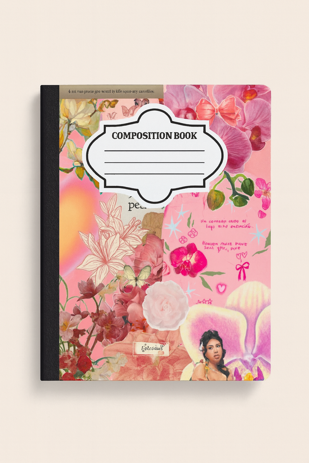 Composition notebook with floral collage cover featuring pink flowers, butterflies, romantic quotes in English and Spanish, and an image of Kali Uchis, set against a soft beige background