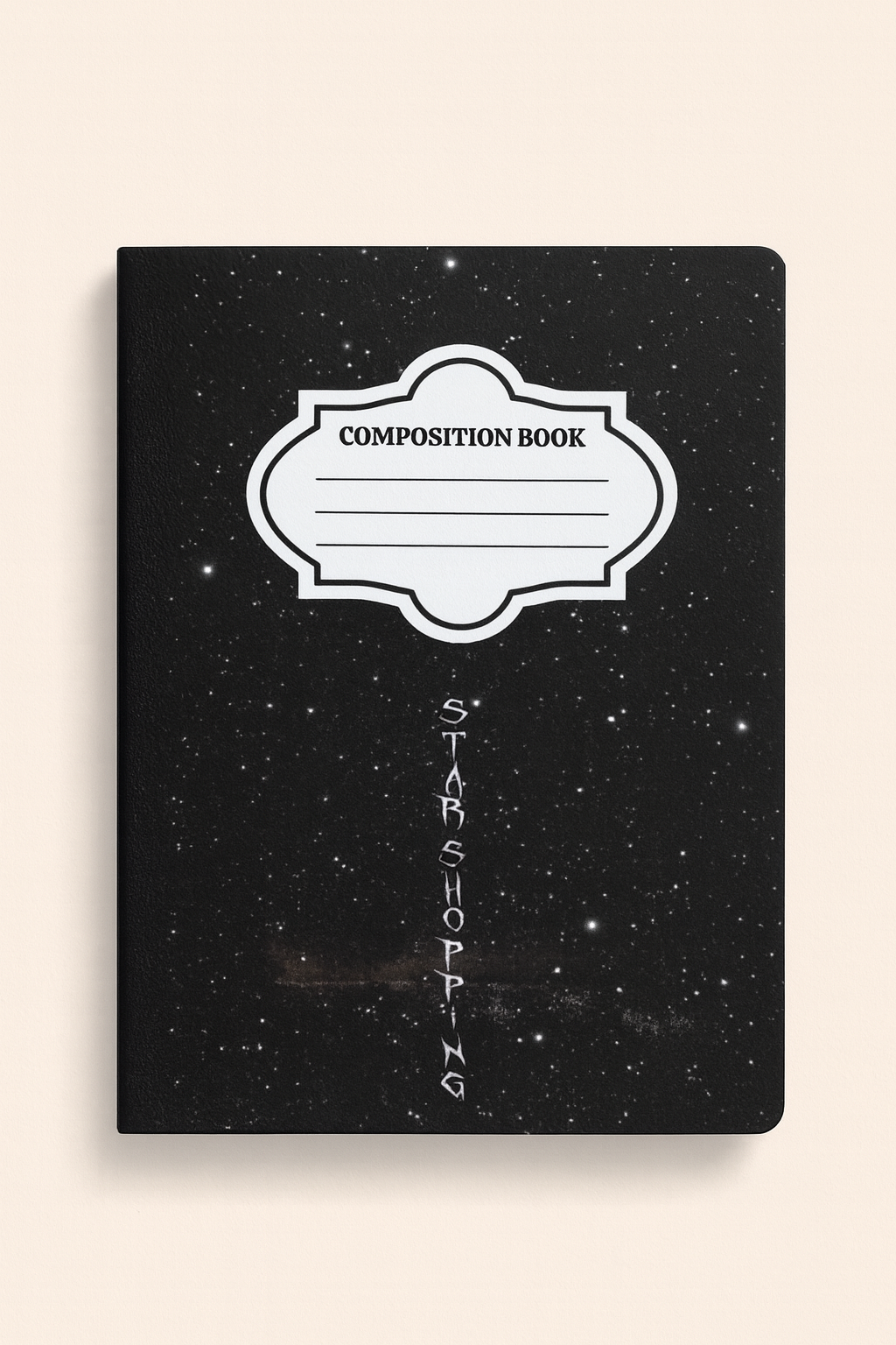 Black composition notebook with white stars and vertical 'Star Shopping' text inspired by Lil Peep, set against a soft beige background