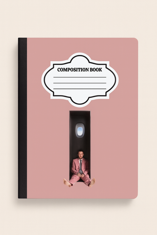Composition notebook with dusty pink background and image of Mac Miller sitting in an airplane seat wearing a pink suit, inspired by the 'Swimming' album cover