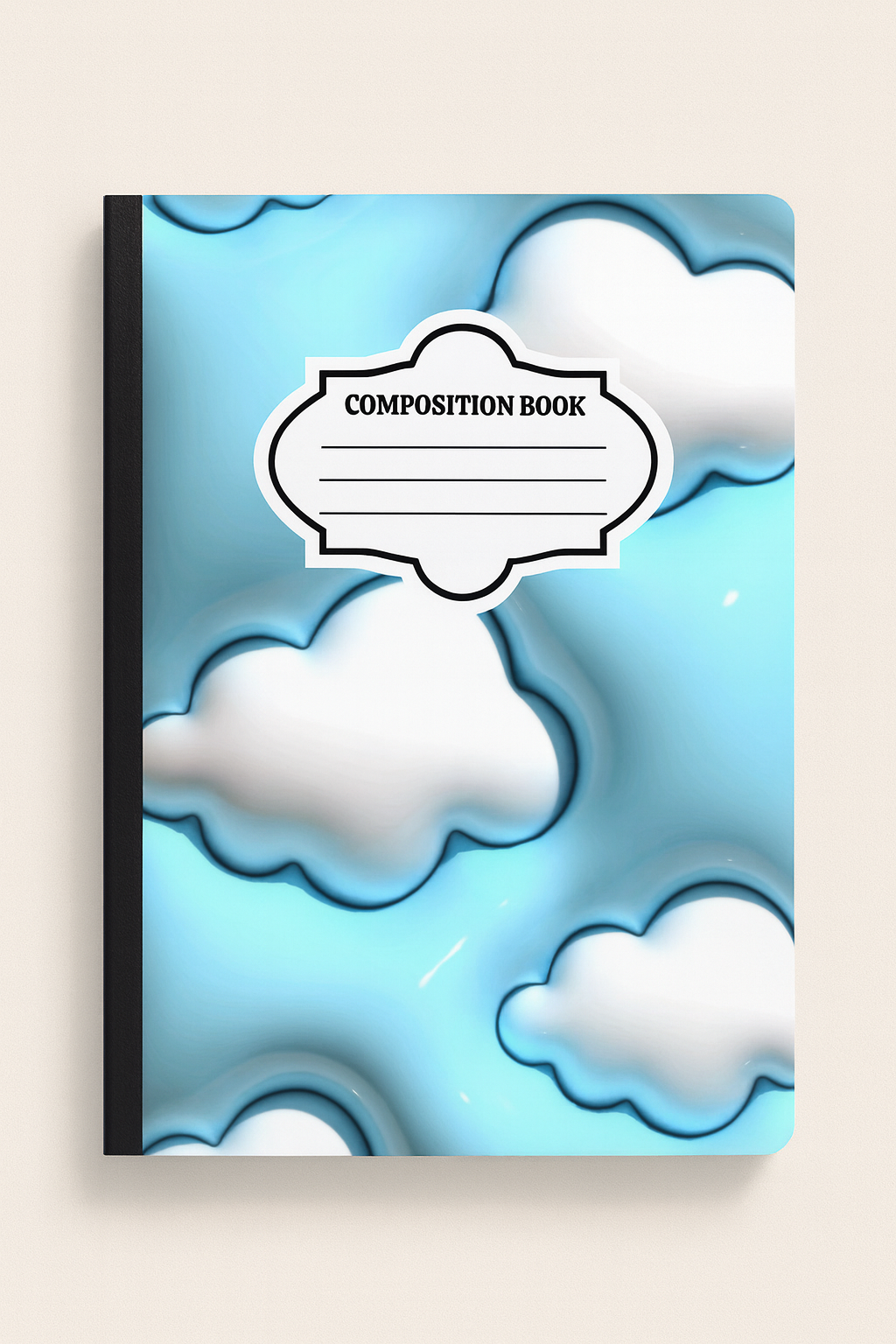 A composition notebook with a blue and white 3D cloud cover design