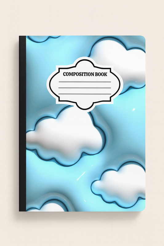 A composition notebook with a blue and white 3D cloud cover design