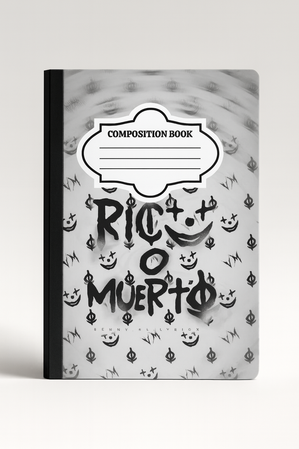 Graffiti-style black and white composition notebook with 'Rico o Muerto' text, bold street art elements, and smiling face icons on the cover