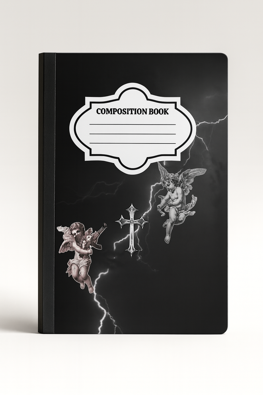 Black composition notebook featuring Corridos Tumbados-inspired design with angels, lightning, and a chrome cross on a dark gothic background