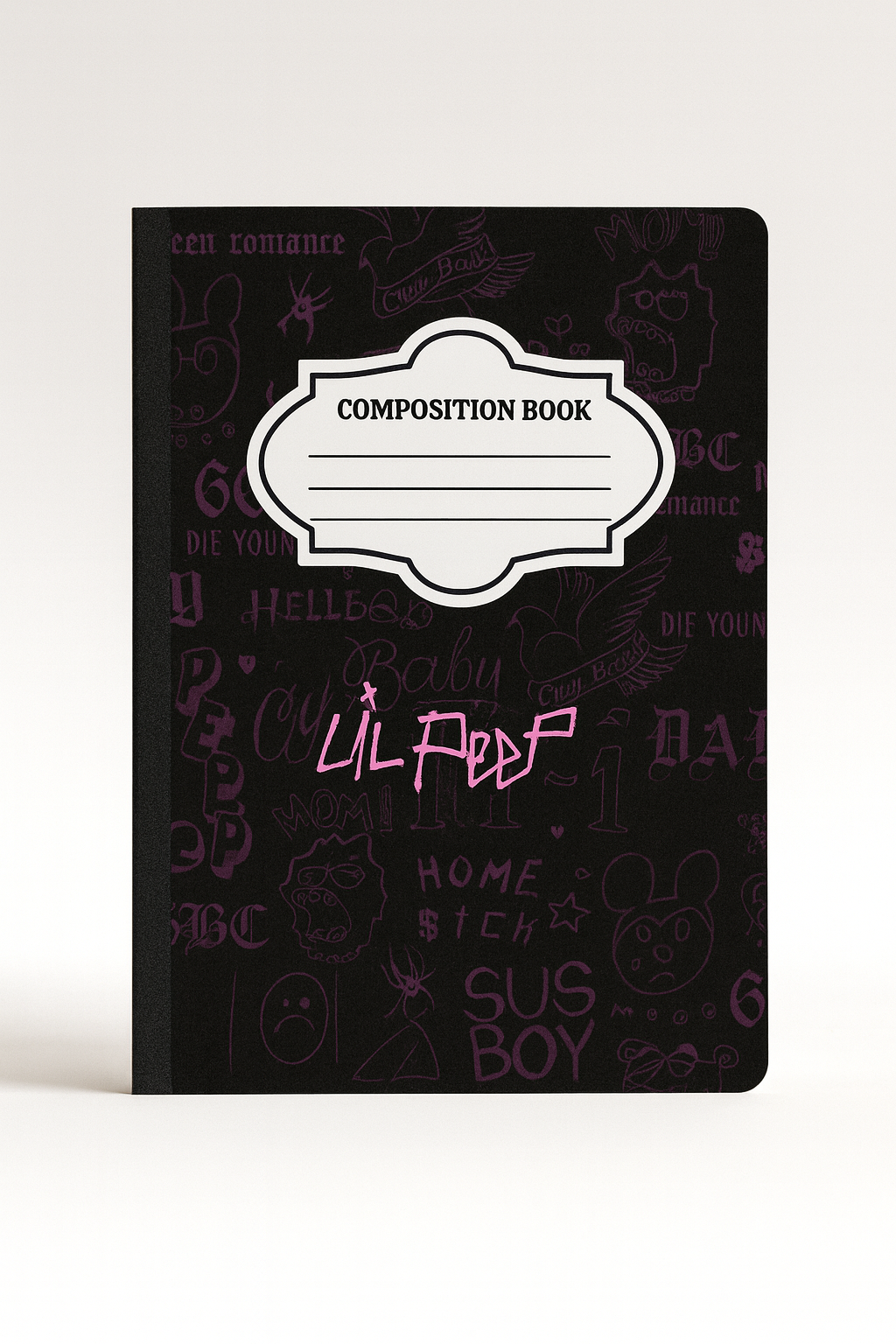 Lil Peep inspired composition notebook with neon pink graffiti-style text and dark purple sketch graphics on a black background, emotional and edgy aesthetic