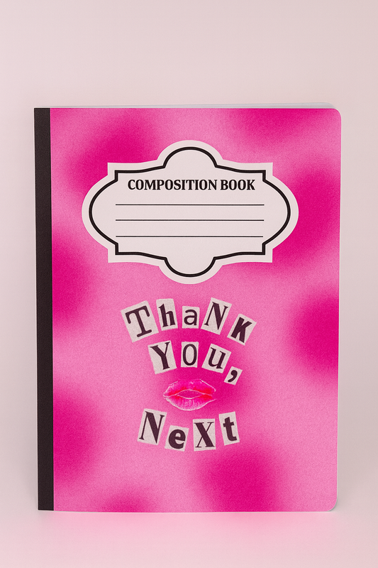 Thank You, Next Composition Notebook – Pink Aesthetic Journal with Ransom Letter Art & Lip Print