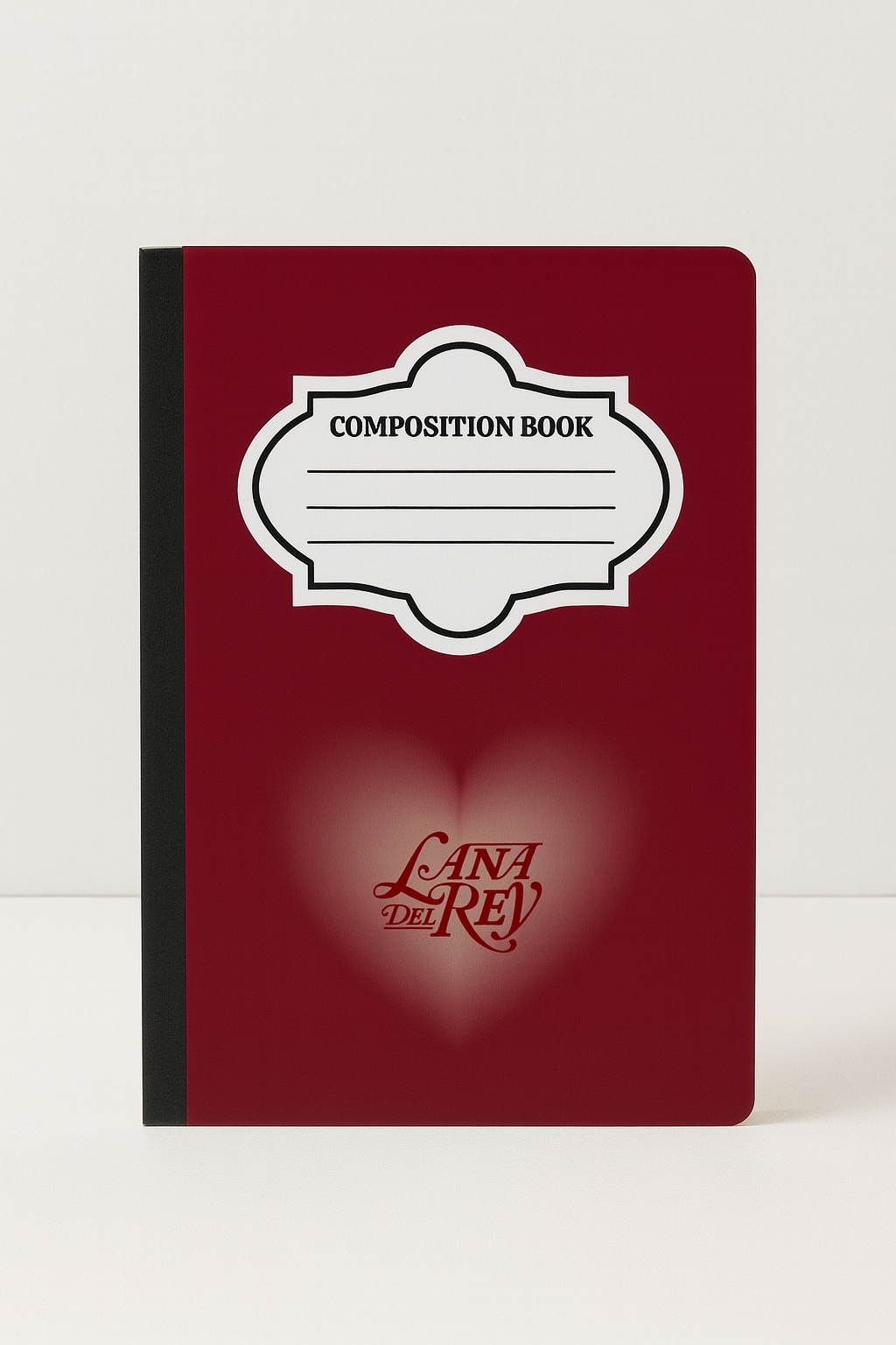 Lana Del Rey inspired composition notebook with deep red heart design on cover, standard 7.5 x 9.75 inch size