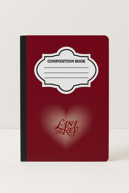Lana Del Rey inspired composition notebook with deep red heart design on cover, standard 7.5 x 9.75 inch size