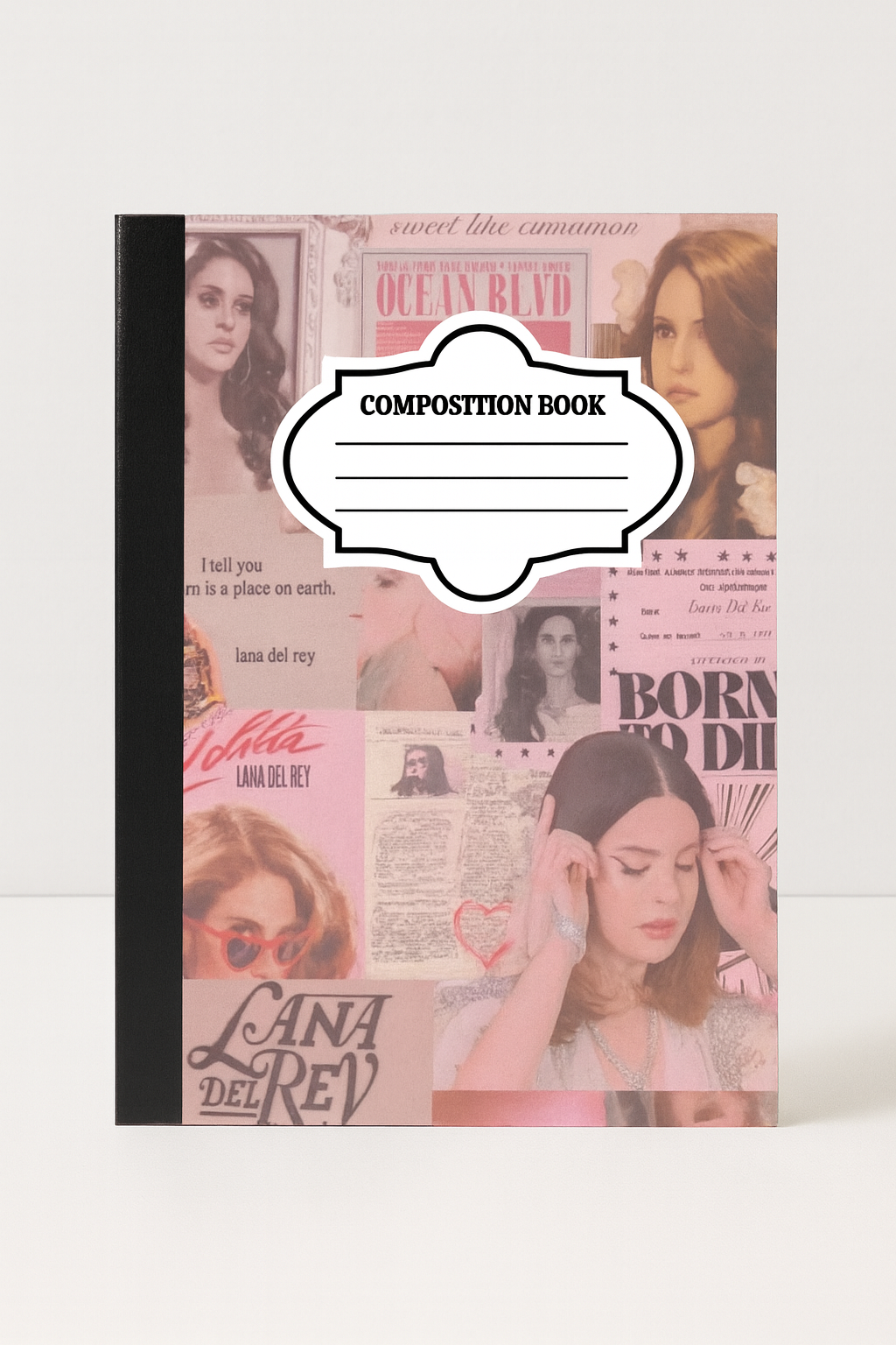 Lana Del Rey collage composition notebook with vintage pink aesthetic cover, 7.5 x 9.75 inch standard school journal