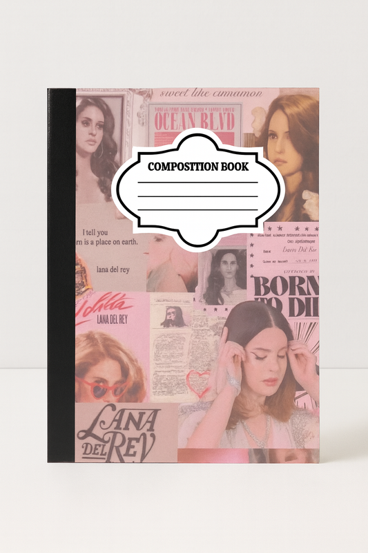 Lana Del Rey collage composition notebook with vintage pink aesthetic cover, 7.5 x 9.75 inch standard school journal