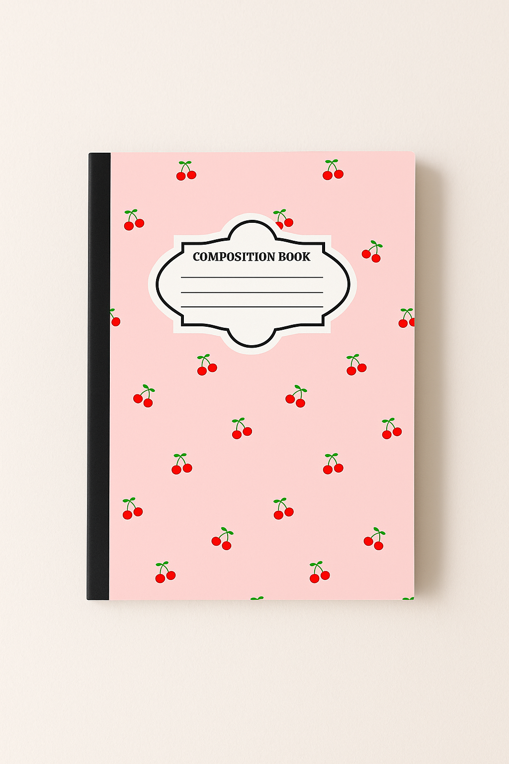 Pink cherry composition notebook with vintage label and black spine, standard size 
