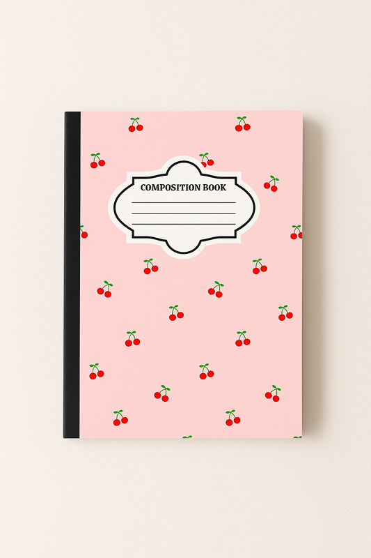 Pink cherry composition notebook with vintage label and black spine, standard size 
