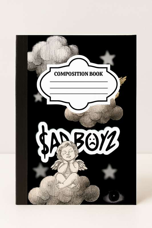 Junior H themed composition notebook with cartoon-style angel on clouds, "Sad Boyz" text, and celestial background design – 7.5x9.75 inches