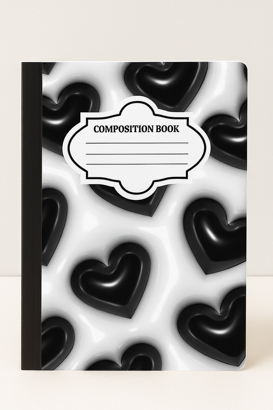 A standard 7.5x9.75 composition notebook with a bold black 3D heart pattern on a glossy white background, designed for school, journaling, or creative writing.