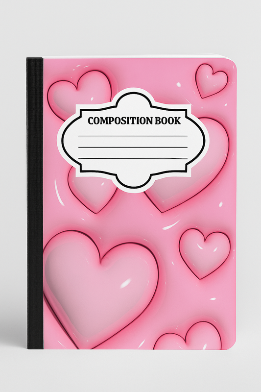 Pink 3D heart composition notebook with black spine on clean background
