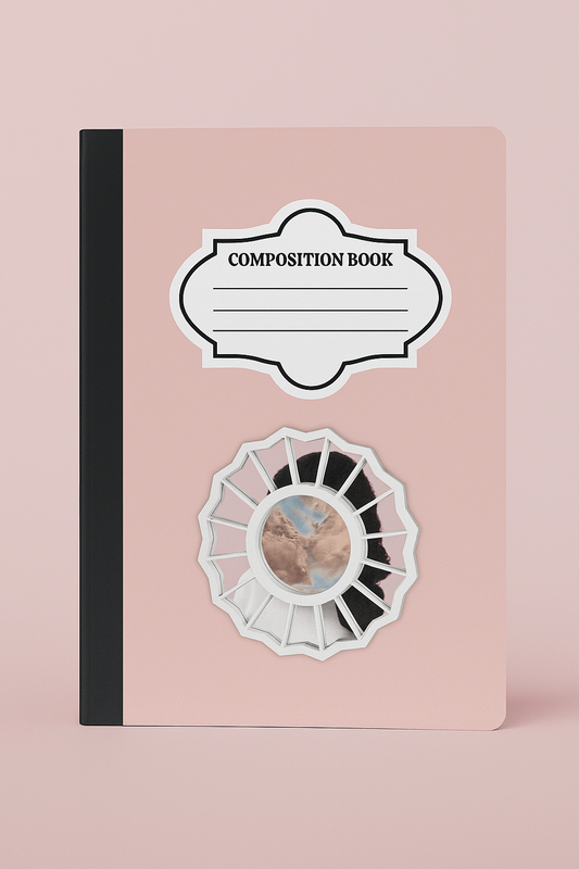Blush pink composition notebook with black spine and mirror graphic on front cover, 7.5 x 9.75 inches