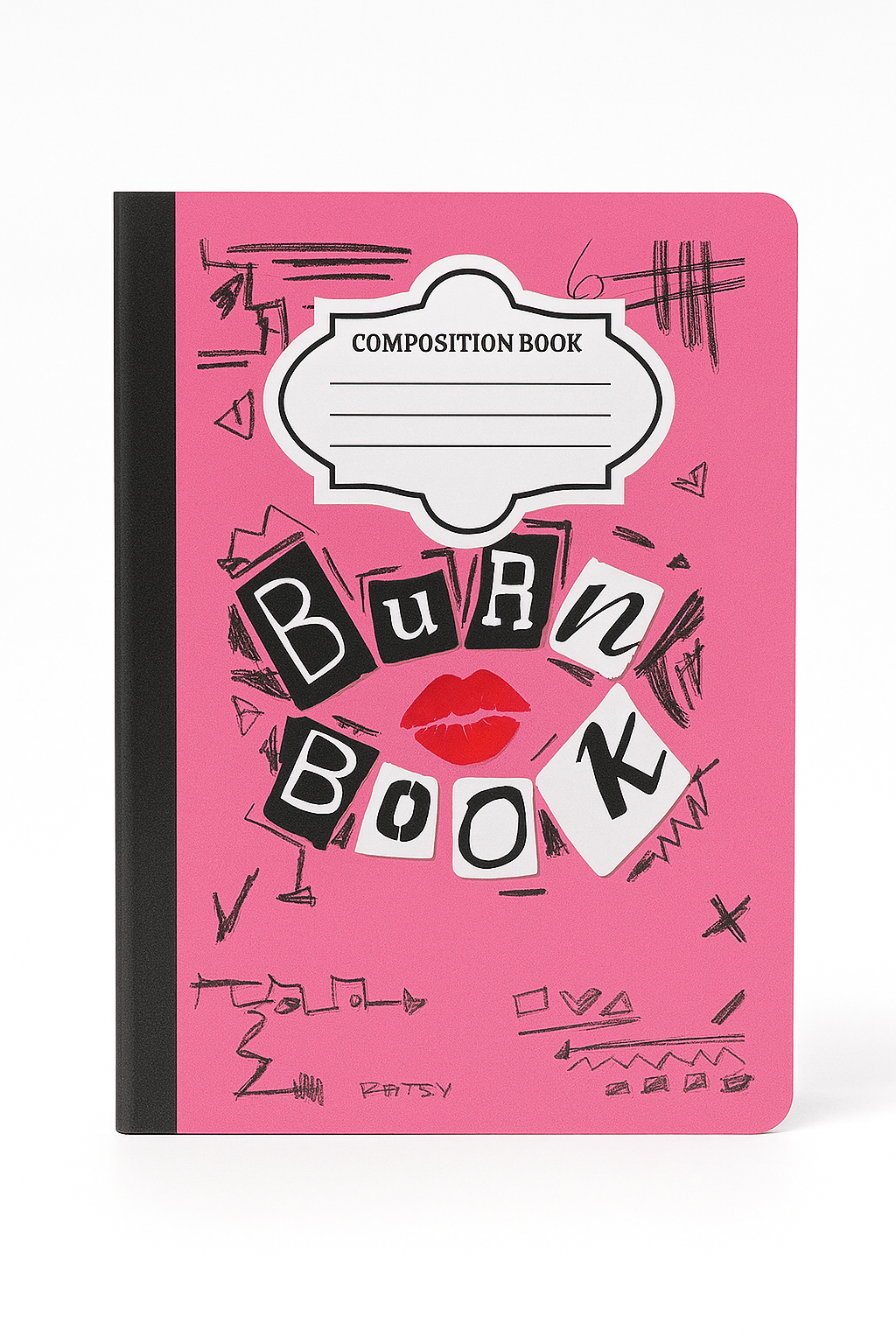 Pink Burn Book composition notebook with ransom-style lettering and doodles, 7.5x9.75 inches, inspired by Mean Girls.
