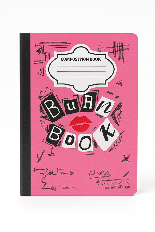 Pink Burn Book composition notebook with ransom-style lettering and doodles, 7.5x9.75 inches, inspired by Mean Girls.
