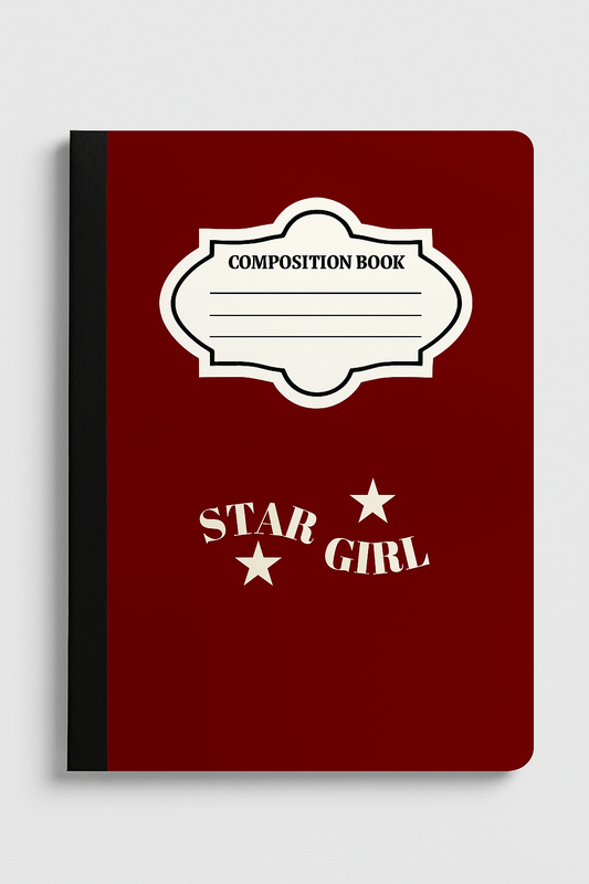 Red Star Girl composition notebook with cream vintage stars and bold typography on the cover, 7.5 x 9.75 inch school journal