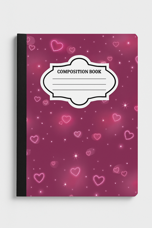 Pink heart composition notebook with glowing hearts and star accents on a magenta background, 7.5x9.75 inch lined school journal
