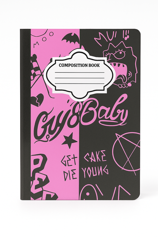 Lil Peep-inspired composition notebook with pink and black split design, edgy doodles, and bold CryBaby typography, 7.5x9.75 inches.
