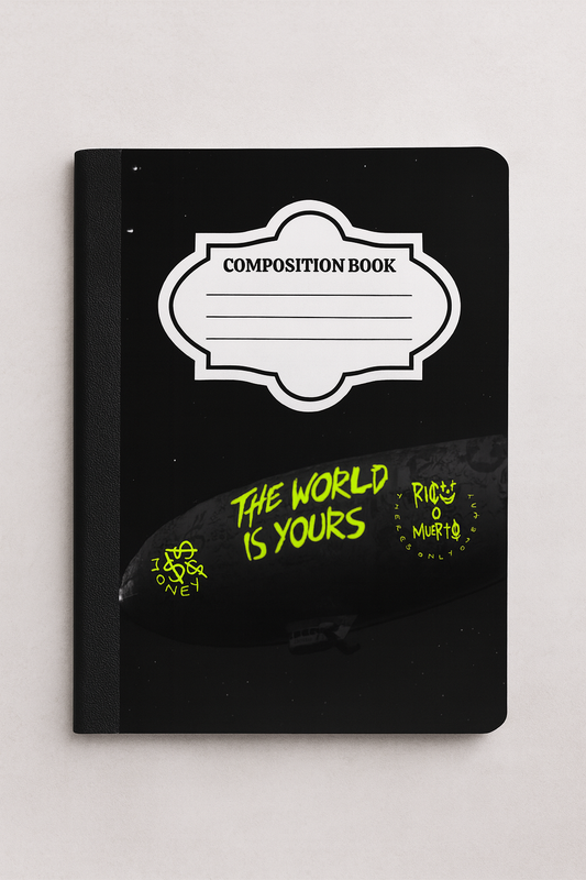 Composition notebook with black sky and neon green graffiti-style blimp that says 'The World Is Yours' — edgy back-to-school journal