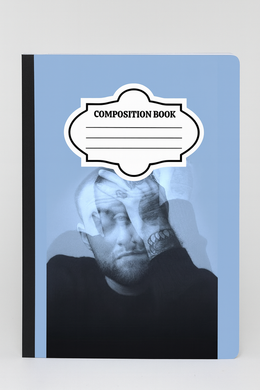 A composition notebook with a blue-toned artistic portrait of Mac Miller on the cover, blending thoughtful expression and double exposure effect.