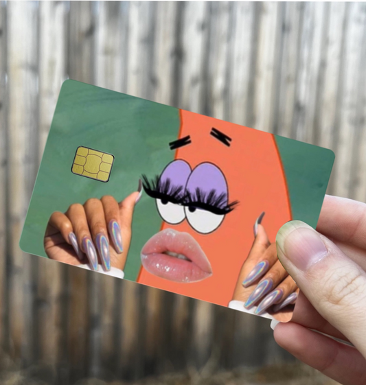 Funny Patrick Star debit card cover with eyelashes, nails, and glossy lips – custom credit card skin wrap for a unique glam aesthetic