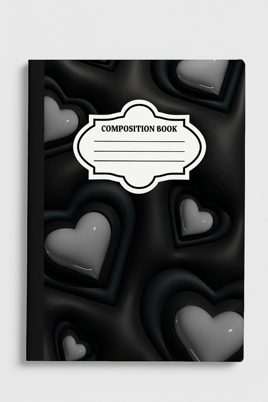 Black composition notebook with glossy 3D hearts on a dark textured background, standard 7.5x9.75 inch lined school journal

