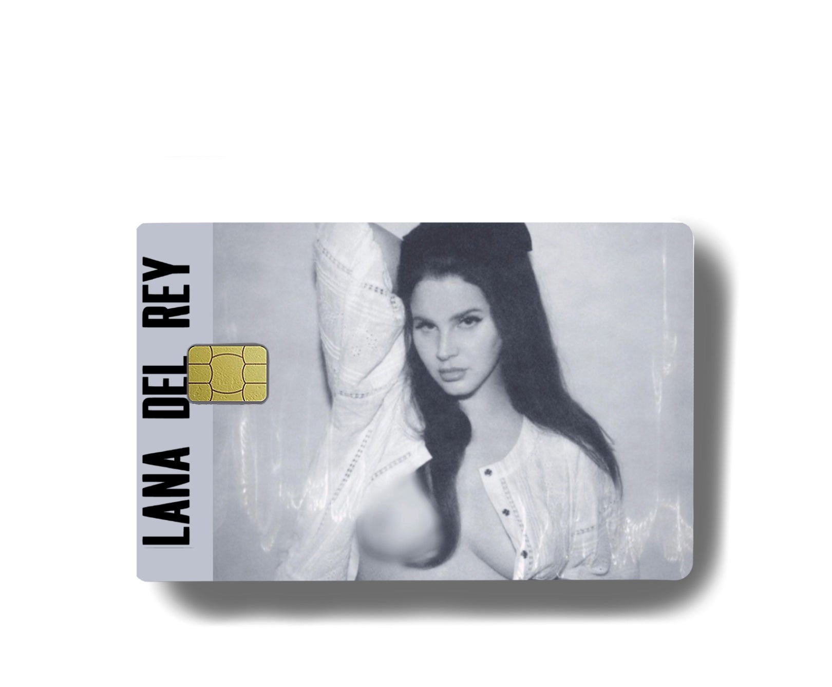 Lana Del Rey credit card skin featuring grayscale portrait with bold vertical name text and chip cutout design

