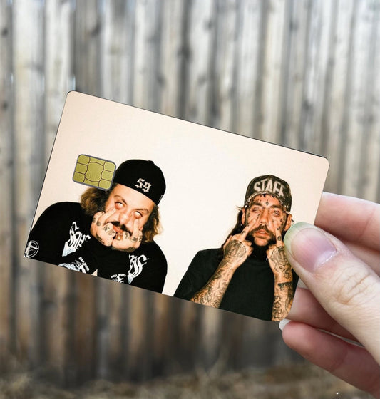 $uicideboy$ credit card skin featuring photo of Ruby da Cherry and $crim with hand tattoos and hats, chip cutout design
