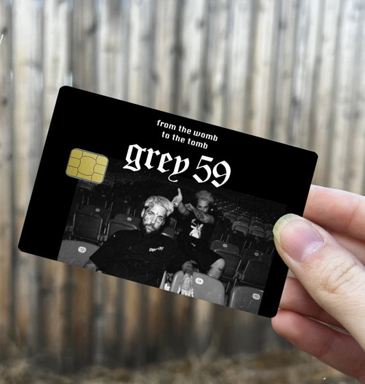 Grey 59 inspired credit card cover featuring gothic font and black-and-white underground concert photo, standard card size
