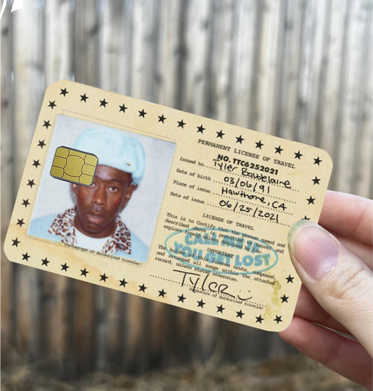 Credit card-sized travel ID card cover inspired by Tyler the Creator, featuring vintage passport design and “Call Me If You Get Lost” theme

