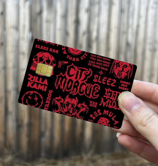 City Morgue and ZillaKami themed credit card skin in black and red grunge design with bold chip cutout
