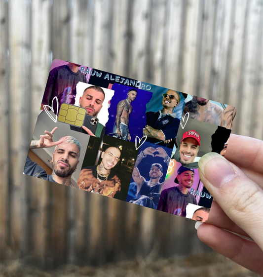 Rauw Alejandro debit card skin featuring a collage of fan edits and photos with hearts and colorful graphics
