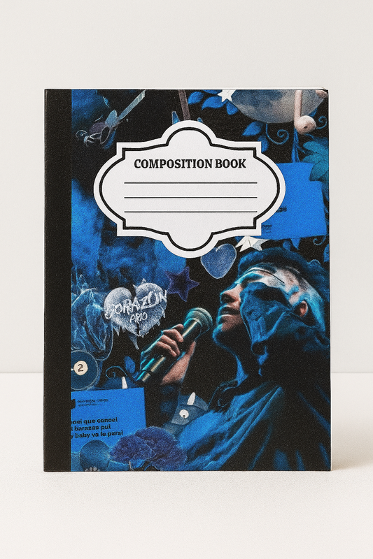 Collage-style Ivan Cornejo themed composition notebook with blue tones, heart imagery, and lyrics design
